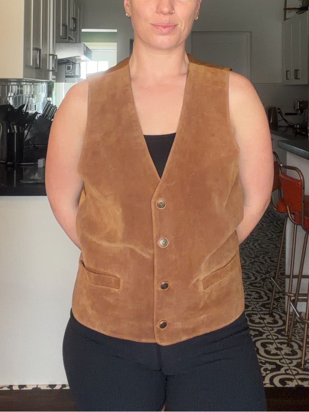 Vintage Men's Suede leather Button Vest - Brown Tan - Picture 12 of 14